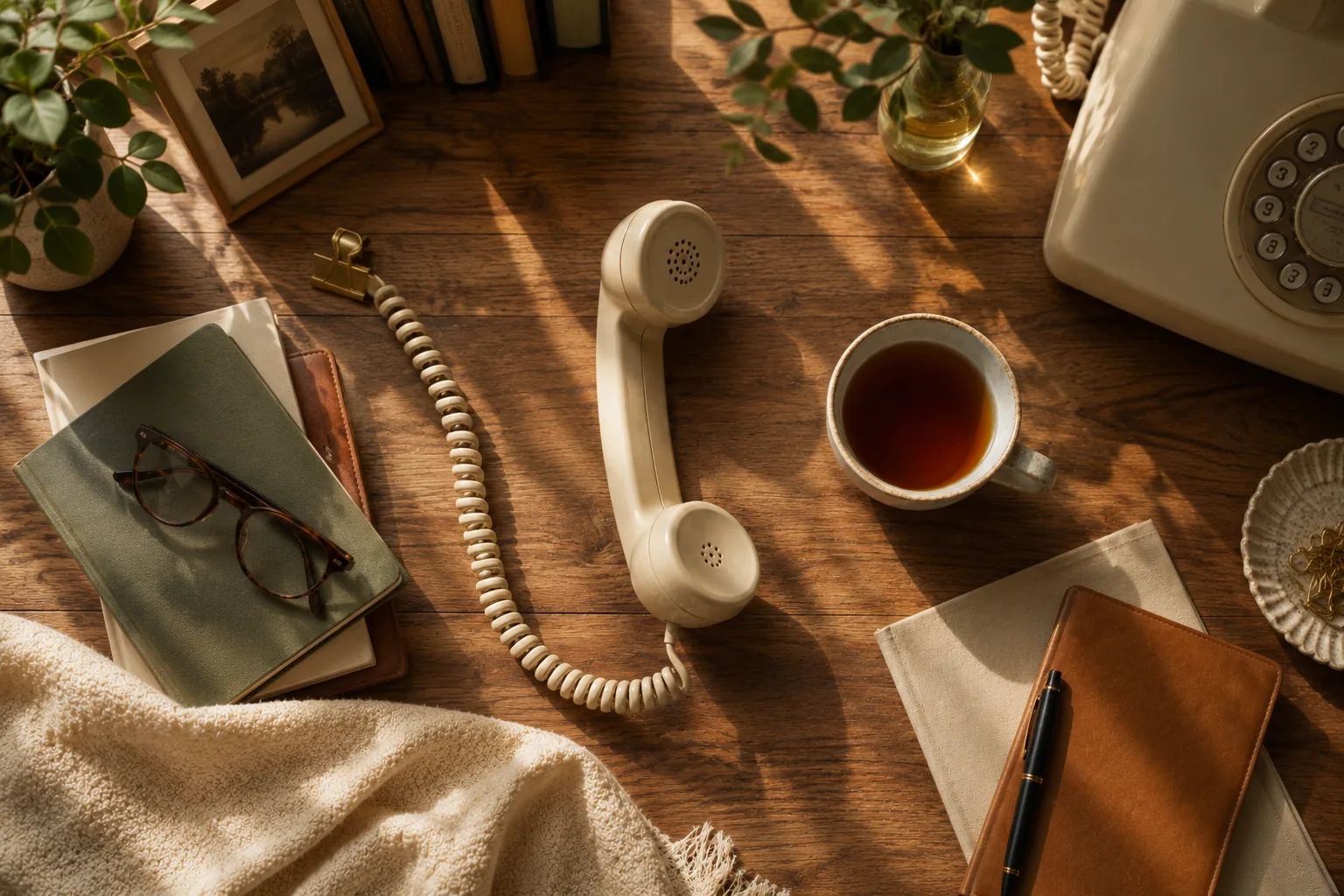 Classic telephone handset beside a cup of tea on a warm wooden desk
